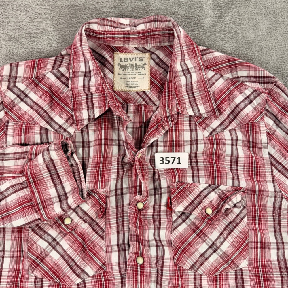 Levi's Western Shirt Mens Large Red Plaid Pearl Snap‎ Long Sleeve Cotton 3571